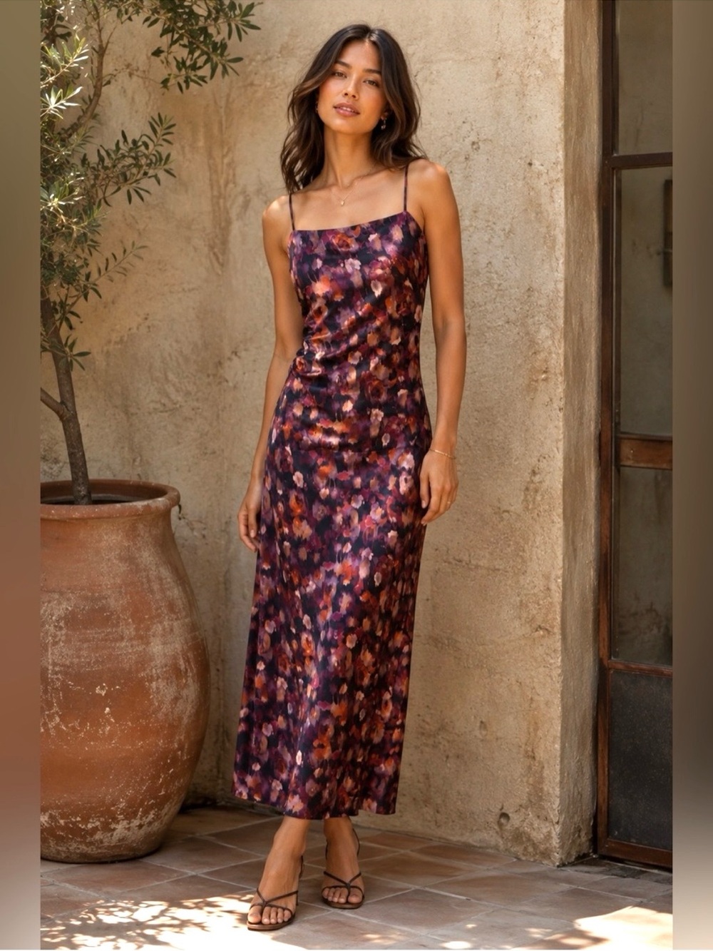 Jason Wu NWT Satin Watercolor Floral Midi Dress, Eggplant Purple, Size Medium